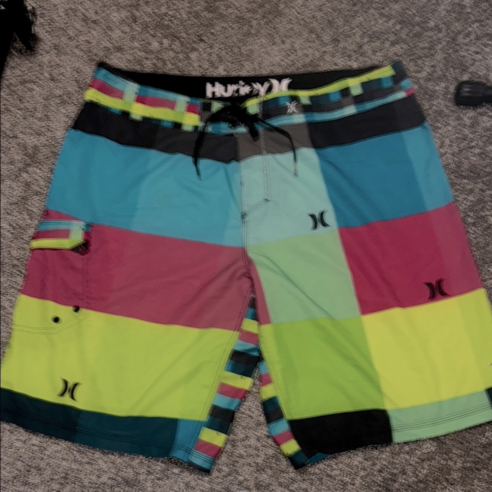 Hurley Men's Color Block Swim Shorts - Blue, Green, Red size 38